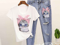 Костюм (Фабричный Китай) качество люкс джинсы +футболка рисунок накатк