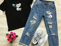 Костюм (Фабричный Китай) качество люкс джинсы +футболка рисунок нашивк