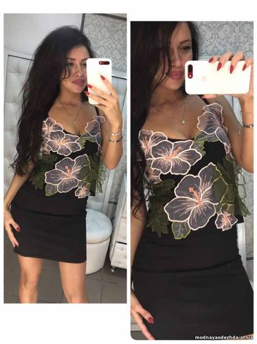 Костюмчик майка с кружевной аппликацией,юбка стрейч трикотаж Размеры с