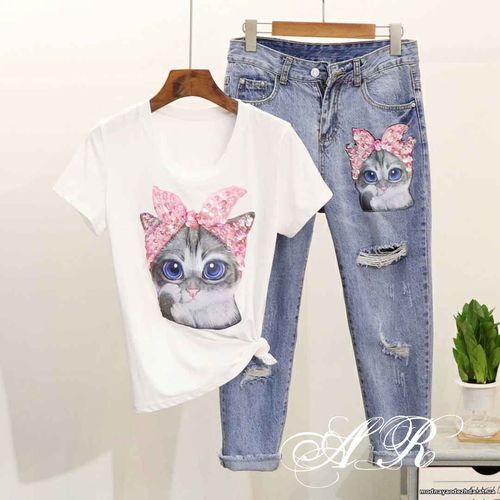 Костюм (Фабричный Китай) качество люкс джинсы +футболка рисунок накатк