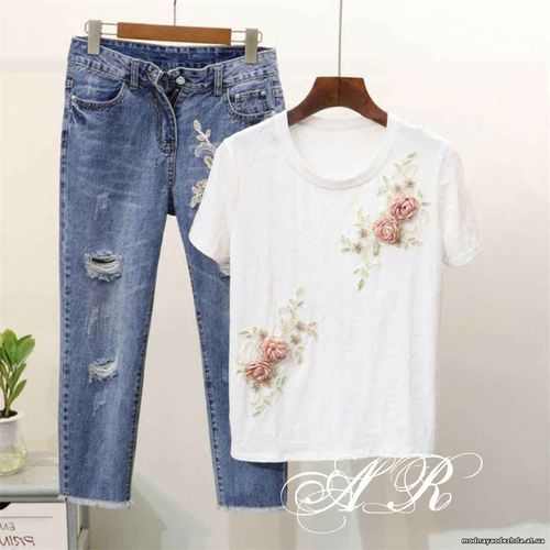 Костюм (Фабричный Китай) качество люкс джинсы +футболка рисунок апплик