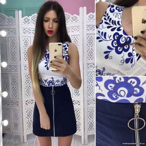 Костюмчик с джинсовой юбочкой Размер: С и М Ткань: джинса + дайвинг Це