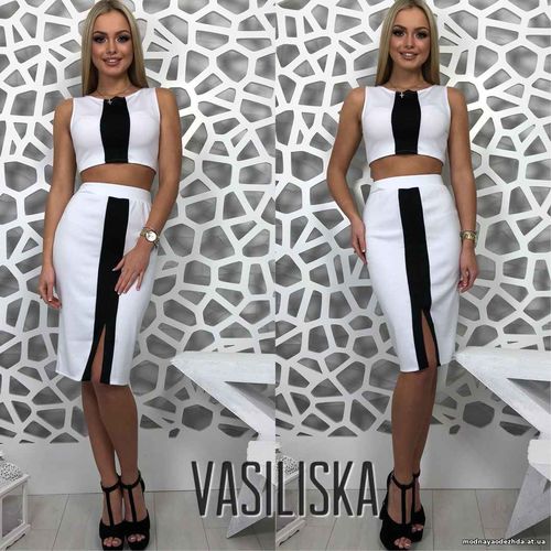 В149 костюм топ+юбка с черной вставкой, французский трикотаж размер с-