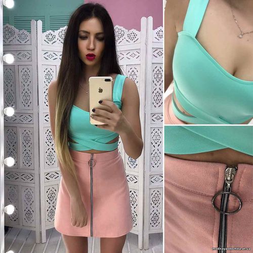 Костюмчик : топ + юбочка Размер: С и М Ткань: дайвинг + замша на дайви