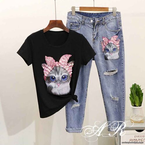 Костюм (Фабричный Китай) качество люкс джинсы +футболка рисунок накатк