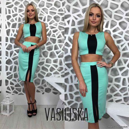 В149 костюм топ+юбка с черной вставкой, французский трикотаж размер с-