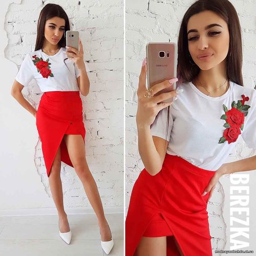 Костюмчик: футболочка + юбочка с разрезом Ткань: вискоза + дайвинг Раз