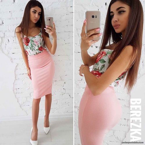 Костюмчик: топ + юбочка карандаш Размер: С и М Ткань: шёлк+ трикотаж к