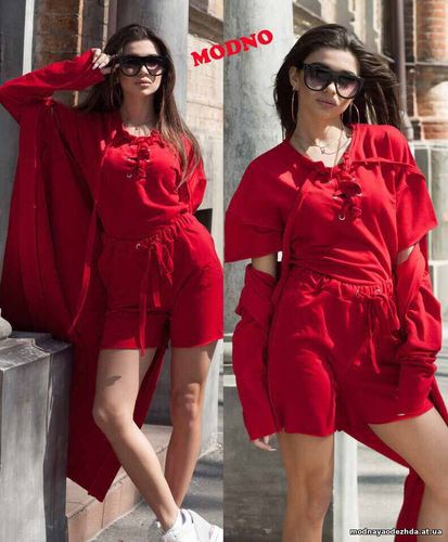 Новинка на лето костюм тройка с мантией свободными шортами и объемной