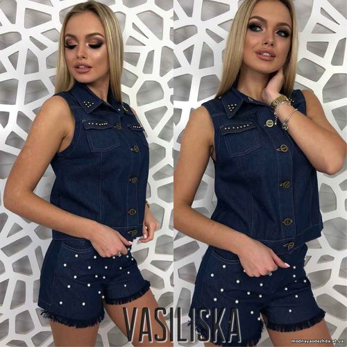 Жилет ткань джинс украшена бусинками с и м 560 грн.  Шорты джинс украш