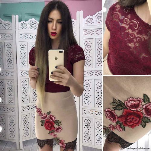 Костюмчик с кружевным топом Размер: С и М Ткань: замш на дайвинге Цена