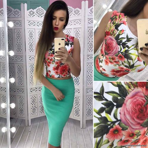 Костюмчик: топ + юбочка карандаш Размер: С и М Ткань: дайвинг Цена кос