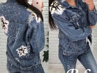 Джинсовая куртка, апликация цветок ткнаь: 100% хлопок размер S, M ( ма
