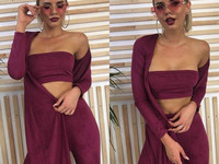 М13 Костюм (топ+лосины+кардиган) ткань замш размер с-м цвета: пудра, з