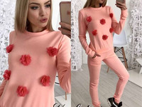 В63 Костюм Джерси+ декор цветочки пришиты С-м Капучино , серый , чёрны