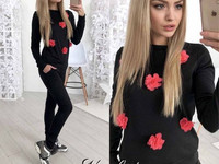 В63 Костюм Джерси+ декор цветочки пришиты С-м Капучино , серый , чёрны