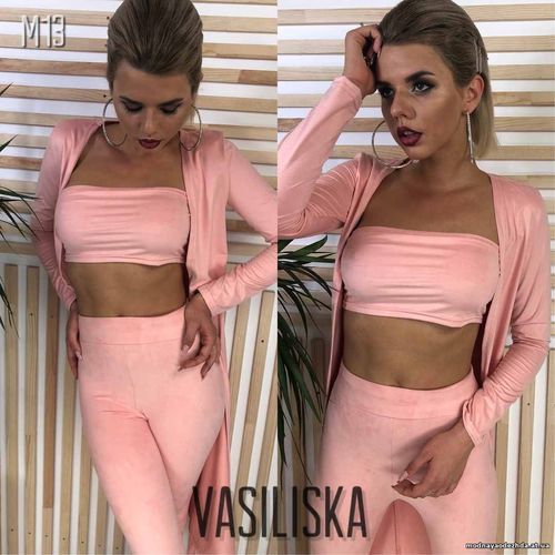 М13 Костюм (топ+лосины+кардиган) ткань замш размер с-м цвета: пудра, з М13 Костюм (топ+лосины+кардиган) ткань замш размер с-м цвета: пудра, з