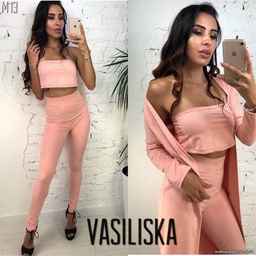 М13 Костюм (топ+лосины+кардиган) ткань замш размер с-м цвета: пудра, з М13 Костюм (топ+лосины+кардиган) ткань замш размер с-м цвета: пудра, з