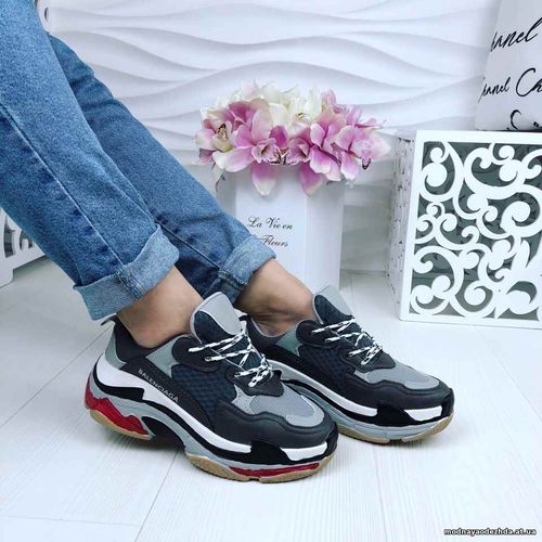 Код 674  Кроссы,  копия известного бренда Balenciaga,  цвет черный+сер