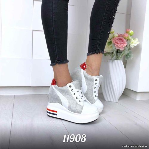 Код 11908  Кроссовки на танкетке = Moro_co =,  цвет: Белый + серебро,м