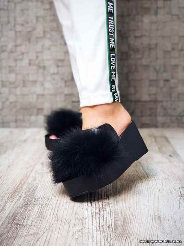 Код 3734 Шлепки Fuzzy. Натуральная кожа, мех песец. Подошва сзади 8см,